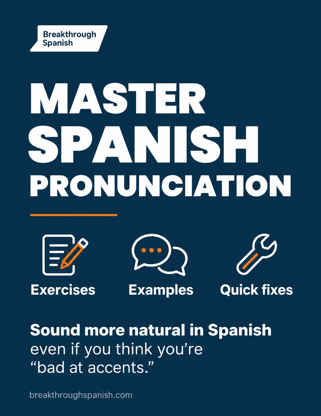 Master Spanish Pronunciation guide cover: exercises, examples, quick fixes